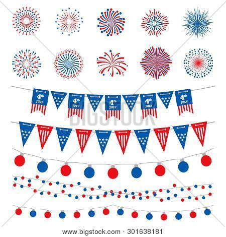 American Flag Color Banners, Garlands And Fireworks Vector Collection. Happy Independence Day, 4th J