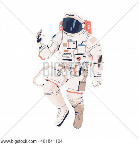 Astronaut Or Cosmonaut In Spacesuit In Zero Gravity Isolated On White Background. Spaceman With Oxyg