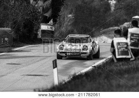 SAN MARINO, SAN MARINO - OTT 21 - 2017 : LANCIA STRATOS 1975 old racing car rally THE LEGEND 2017 the famous SAN MARINO historical race