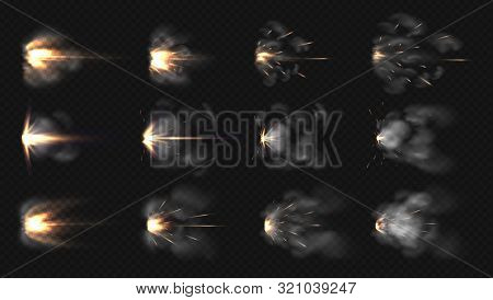 Gun Flash. Realistic Muzzle Flash And Shotgun Fire And Smoke Special Effects Isolated On Transparent