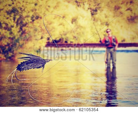 a person fly fishing with a big fly in front done with a soft vintage instagram like filter