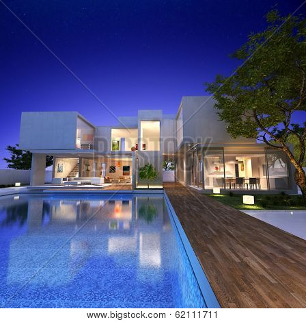 External view of a contemporary house with pool at dusk