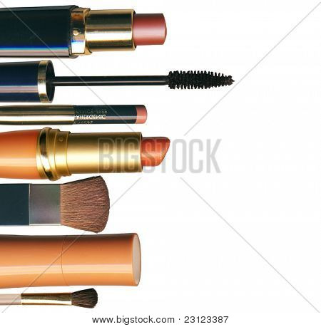 makeup brush and cosmetics, on a white background isolated, with clipping path