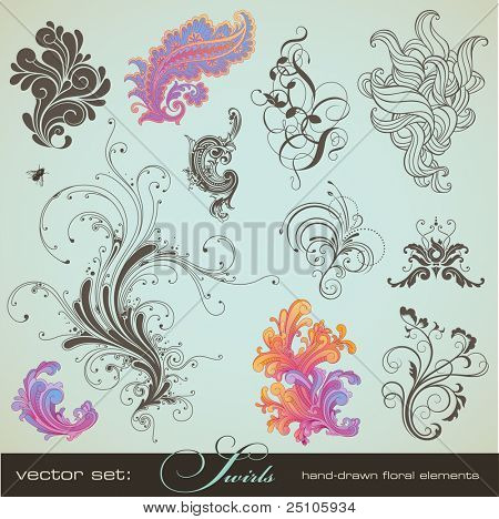 vector set: swirls - variety of handdrawn floral design elements in different styles