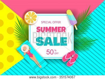 Hot Summer Sale Typography Paper Foldable DesignTropical Fruits. Vector illustration for advertising purposes. Hello Summer, summer time, summer day, summer day background, summer banners, summer flyer, summer design, summer with people in the pool, vecto