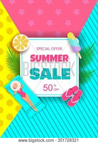 Summer sale background. Hello Summer, summer time, summer day, summer day background, summer banners, summer flyer, summer design, summer with people in the pool, vector illustration. Eps10 vector illustration. Elegant woman in a hat lying on a beach towe