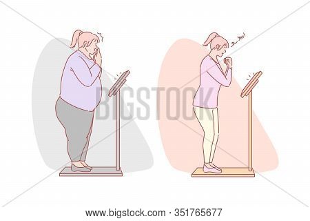 Weight Loss, Diet, Fitness Set Concept. Fat Obese Woman Stands On Scale Terrified By Big Weight. Hap