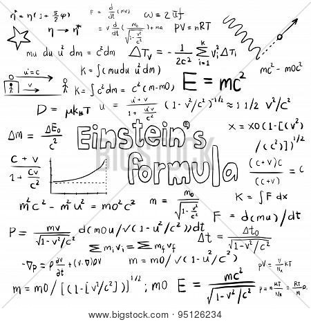 Albert Einstein Law Theory And Physics Mathematical Formula Equation, Doodle Handwriting Icon In Whi