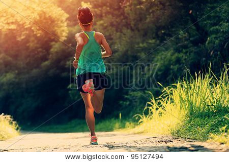 Runner athlete running on forest trail. woman fitness jogging workout wellness concept.