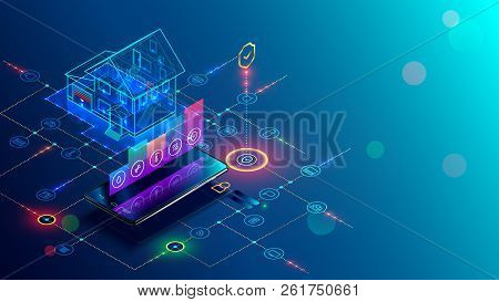 Smart Home With Internet Of Things Isometric Concept. Iot Technology In House Automation Design. Sma