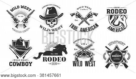 Wild West Emblems Set. Monochrome Elements With Skull In Cowboy Hat, Rodeo Horse, Crossed Gun, Sheri