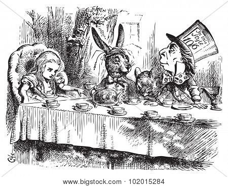 Mad Hatter?s Tea Party, Alice in Wonderland original vintage engraving. Tea party with the Mad Hatter, Dormouse and the White Rabbit. Alice's Adventures in Wonderland. Illustration from John Tenniel