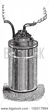 Daniell cell or gravity cell or crowfoot cell, vintage engraving. Old engraved illustration of Daniell cell, isolated on a white background. Trousset