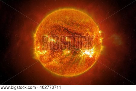 View Of The Sun From Space. The Sun Is The Star At The Center Of The Solar System. Sci-fi Background