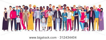 Multiethnic Group Of People. Society, Multicultural Community Portrait And Citizens. Young, Adult An