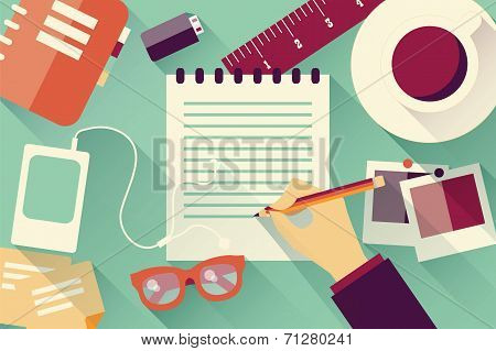 Writing into notebook background with coffee, photos, glasses and flash drive, vector