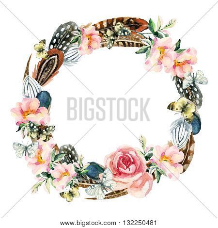 Watercolor bird feathers briar flowers and butterfly wreath isolated on white background. Colorful feather dog roses wreath and butterfly. Watercolor art illustration with floral and boho elements.