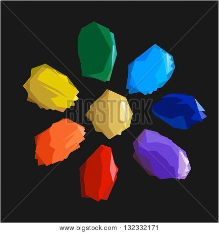 Colorful shiny bright crystals. Red crystal, yellow crystal, green crystal, purple crystal, orange crystal, emerald crystal, ruby crystal, tourmaline crystal, quartz crystal, diamond crystal isolated