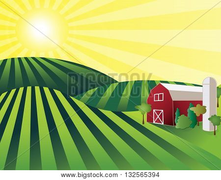 Farm Land - rolling green farmland with red barn, silo and shining sun