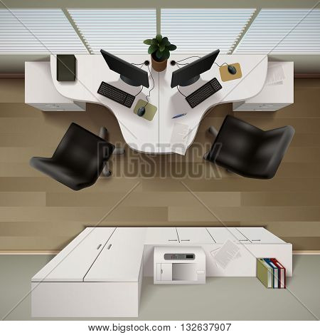 Office Interior  Background. Office Interior Vector Illustration. Office Interior Design. Office Interior Realistic Decorative Illustration. Office Interior Top View Illustration.