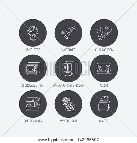 Microwave oven, hair dryer and blender icons. Refrigerator fridge, coffee maker and toaster linear signs. Ventilator, curling iron and waffle-iron icons. Linear icons in circle buttons. Flat web symbols. Vector