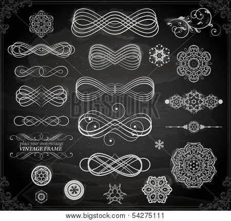 Christmas decoration collection | Set of calligraphic and typographic elements, frames, vintage labels. Ribbons, stickers, borders, balls, snowflakes. Chalkboard decorations design. Chalk texture.