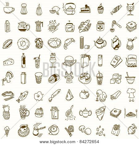 Morning breakfast lunch or dinner kitchen doodle hand drawn sketch rough simple icons coffee, tea, d