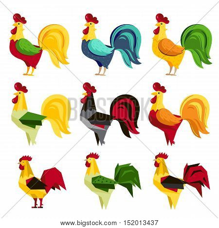 Rooster symbol of 2017 Chinese New Year calendar. Cartoon characters of cock or rooster. Rooster vector icon set. Isolated cartoon cock and rooster. 2017 oriental calendar symbol. Rooster decoration. Cute rooster.