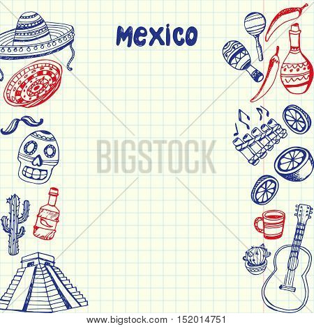 Mexican associated symbols. Mexican national and cultural related and sketches with pen Mexican ethnic elements. Latin America concept sketches and Mexican background sign. Mexican vector doodle. Mexican art. Sombrero, tequila, Mayan pyramid, guitar.