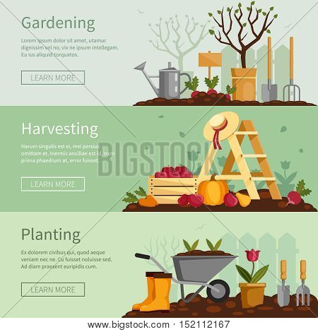 Gardening banners set. Plants, tools, equipment, harvest. Fruits, vegetables, flowers cultivation. Vector illustration