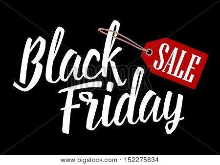 Lettered text Black Friday with hanging sale tag. Vector color vintage engraved illustration. Isolated on black background.