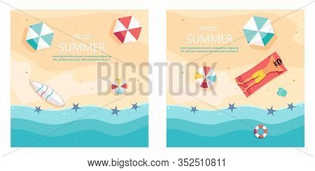 Set of summer gift certificates.Hello Summer, summer time, summer day, summer day background, summer banners, summer flyer, summer design, summer with people in the pool, vector illustration. Eps10 vector illustration