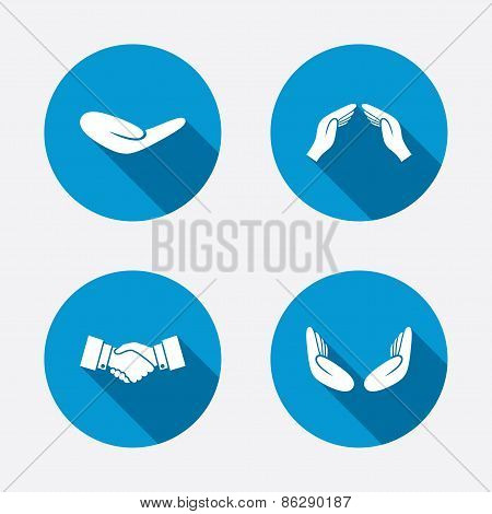 Hand icons. Handshake and insurance symbols.