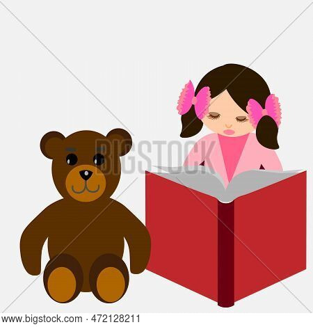 Vector Graphics. A School-age Girl Is Reading A Book To Her Teddy Bear Friend.