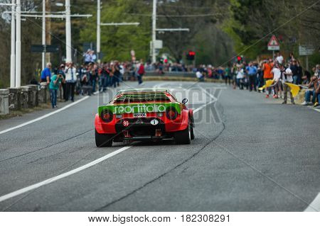 Trieste Italy - April 2 2017: Photo of a Lancia Stratos HF 1973 on the Trieste Opicina Historic. Trieste Opicina Historic is regularity run for vintage and classic Cars.