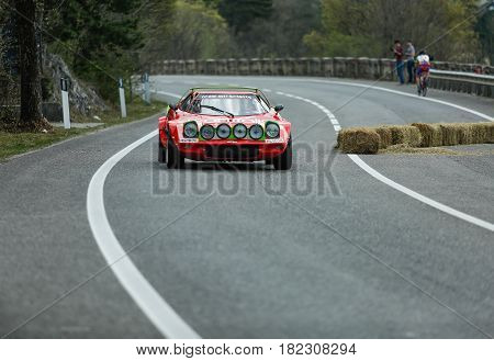 Trieste Italy - April 2 2017: Photo of a Lancia Stratos HF 1973 on the Trieste Opicina Historic. Trieste Opicina Historic is regularity run for vintage and classic Cars.