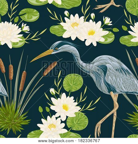 Seamless pattern with heron bird, water lily and bulrush. Swamp flora and fauna. Vintage hand drawn vector illustration in watercolor style