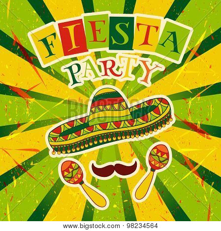 Mexican Fiesta Party Invitation with maracas, sombrero and mustache. Hand drawn vector illustration