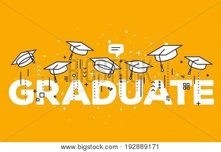 Vector Illustration Of Word Graduation With Graduate Caps On A Yellow Background. Congratulation Gra