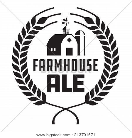 Farmhouse Ale Badge or Label.
Craft beer vector design features wheat or barley wreath with barn, silo and weather vane.