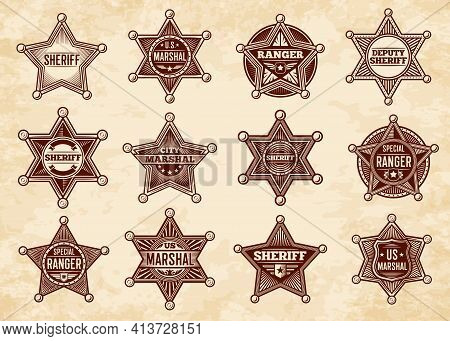 Sheriff, Marshal And Ranger Stars, Vector Badges. Wild West Us Police Vintage Insignias. Graphic Des