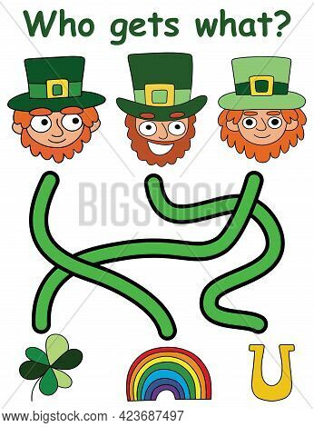 Who Gets What? - Patrick Day Maze Game Vector Illustration. Funny Cartoon Folklore Characters With T