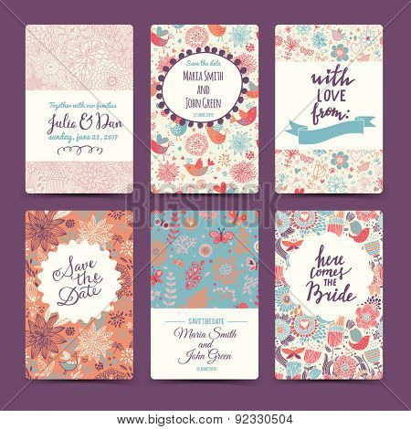 Vintage wedding romantic collection with 6 awesome cards made of hearts, flowers, wreaths and birds. Graphic set in retro style. Sweet save the date invitation cards in vector.