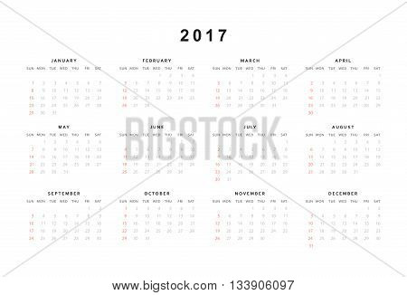 Calendar 2017 year simple style. Week starts from sunday. Template with a calendar for 2017 for design