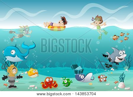 Kids wearing Scuba diving suit and swimming with fish under the sea. Cartoon divers in underwater world with corals.
