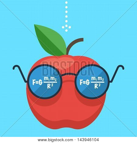 Law of gravity. Apple flies down. The formula is reflected in the glasses, the science of physics. Gravity concept. Flat design vector illustration