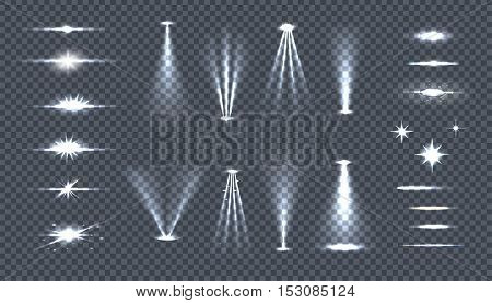 Set of bright lights on transparency. Glow flash fireworks illuminated sparkle. Glow light special effects. Shine explosion spark, flare effect, twinkling rays. Starburst. Vector illustration