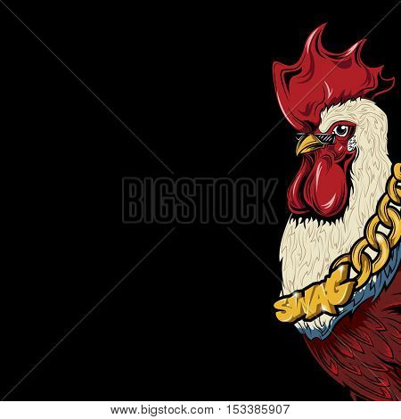 SWAG rooster with a gold chain cock. HIPSTER print. Cock modern street style attributes. Vector art. Cock head for poster. Symbol of the bad rap artist