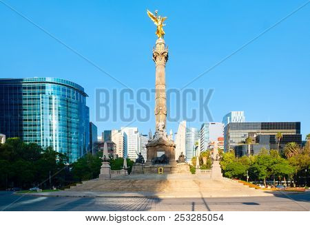 MEXICO CITY,MEXICO - JULY 18,2018 : The Angel of Independence at Paseo de la Reforma, a worldwide known symbol of Mexico City