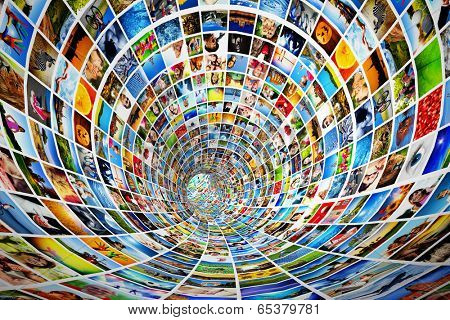 Tunnel of media, images, photographs. Tv, multimedia broadcast, streaming. All photos are mine. Concepts of television, adverstising, internet, entertainment.